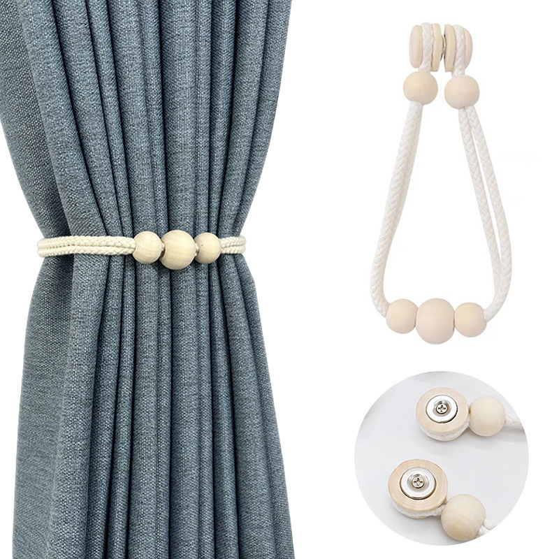 Wooden Bead Curtain Magnetic Buckle Straps, a Pair of Cotton Rope Sheer Curtain Magnetic Absorption Accessories, Cross-Border Wholesale, Simple Window and Door Curtains