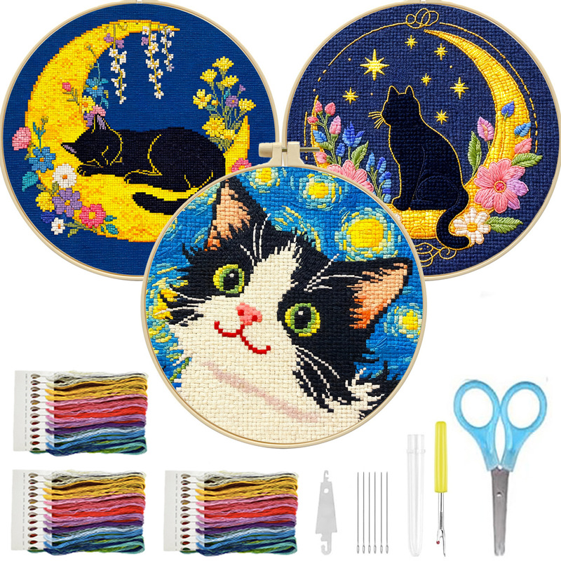 Factory Direct Sales Cross-Border Cross-Stitch Night Kitten Small Simple Self-Embroidery DIY Cross-Stitch Kit Wholesale