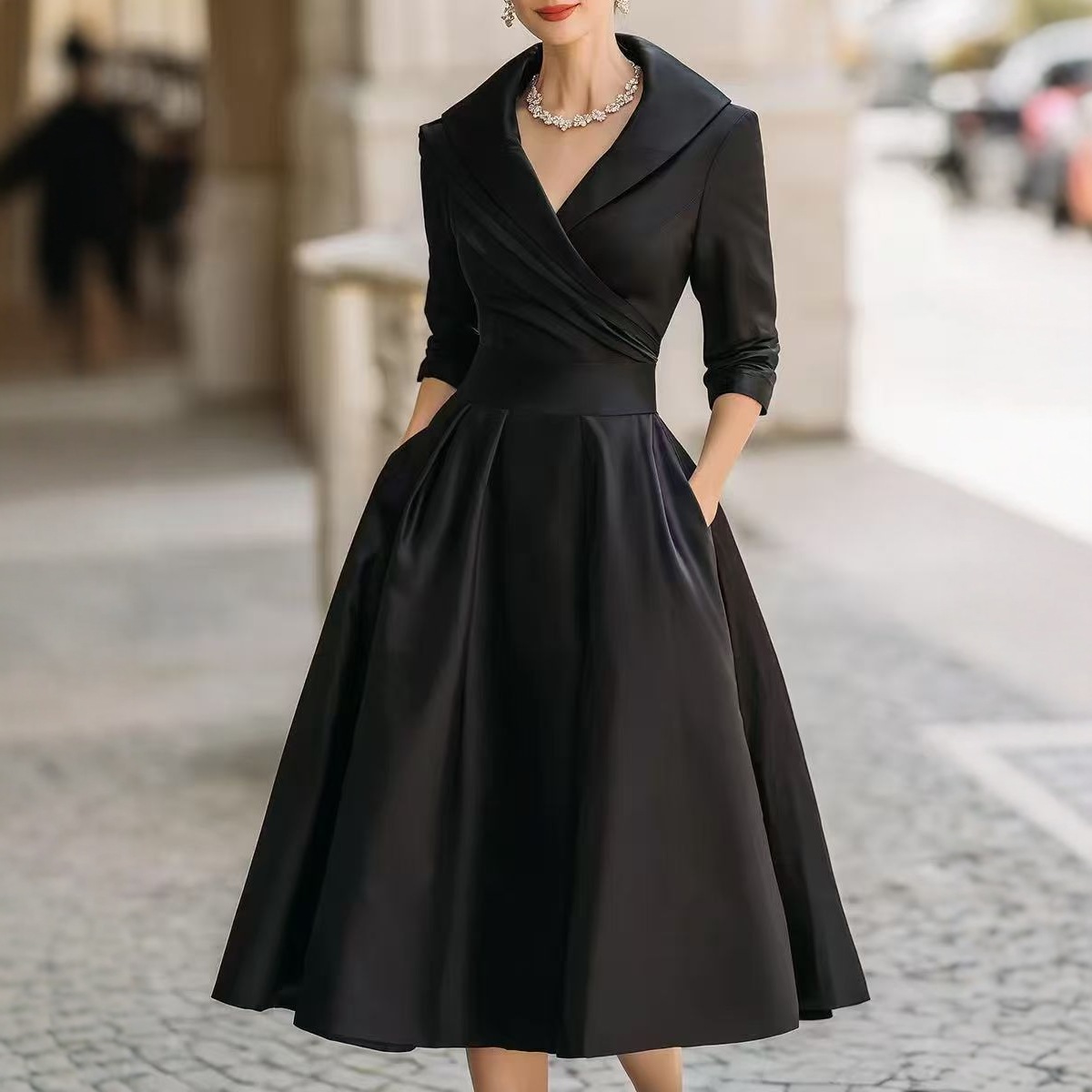 2025 European and American Fashion Cross-Border New Hepburn Style Waist-Cinching Large Hem Dress Slimming Long-Sleeve Suit Dress