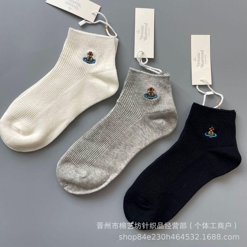 Empress Saturn Embroidered Double Needle Vertical Stripe Women's Socks Solid Color Low Tube Trendy Cotton Socks Wholesale Sweat-Absorbent Socks