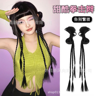 Wig Horsetail Women's Bow Twist Braid Cute y2k Hot Girl Boxing Cyber Celebrity Same Style Double Ponytail