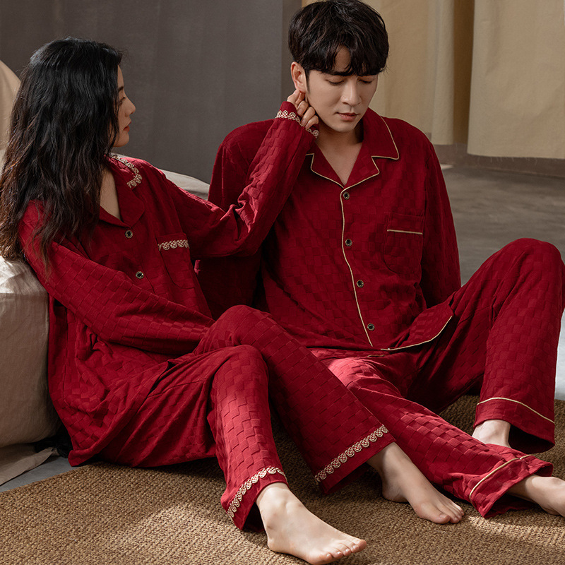 Couple Pajamas Women's Pure Cotton Long Sleeve Wedding Bride Big Red Wedding Festive Spring and Autumn Home Clothes Men's Suit Couple Pajamas Women's Pure Cotton Long Sleeve Wedding Bride Big Red Wedding Festive Spring and Autumn Home Clothes Men's Suit