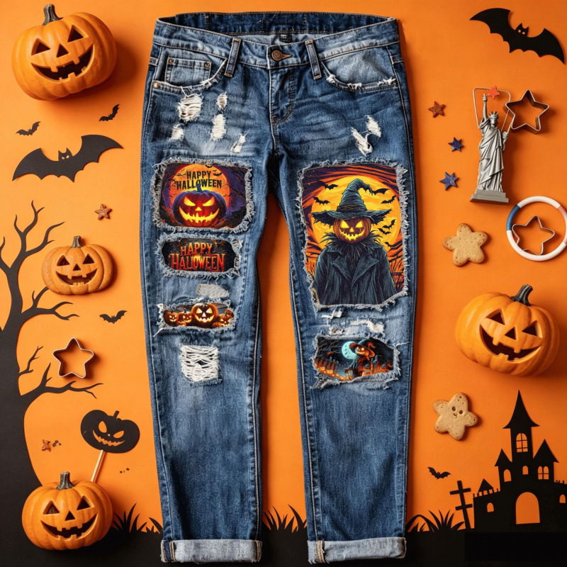 New Halloween Pumpkin Patch Ripped Jeans for Women, Vintage Distressed Raw Edge Slim Fit, Cross-Border Supply