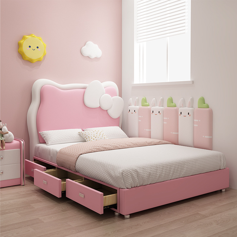 Tyc08 Kidsren's Bed Girl Princess Cat Bed 1.5m Solid Wood Single Bed Pink Multi-Functional Storage Drawer Card