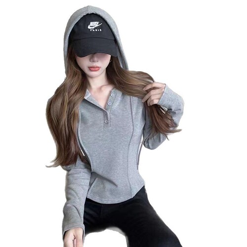 Korean Style Hooded Sweatshirt, American Style, Fitted, Slimming Base Shirt for Women, Spring and Autumn Season, Irregular Inner Long Sleeve T-Shirt