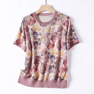 Summer mother's ice silk short sleeve T-shirt 2025 middle-aged and elderly fashion plus size 40-50 year old mother-in-law sweater small shirt