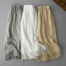 花边刺绣棉麻阔腿裤女2025夏季新款宽松显瘦休闲直筒裤亚麻七分裤