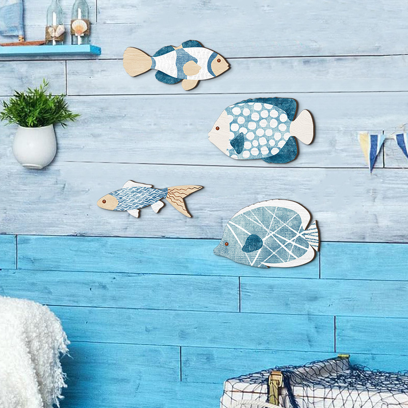 Juego de 4 decoraciones de pared con forma de pez, letreros de madera, decoración náutica colgante, decoración de baño, arte de pared colgante