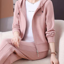 啄木鸟女士时尚直筒裤套装2025春秋新款卫衣外套休闲运动服两件套