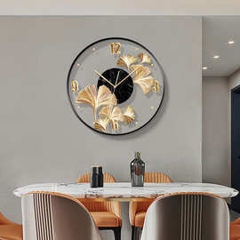 客餐厅创意时钟装饰画现代简约银杏叶挂钟壁画好寓意饭厅轻奢钟表
