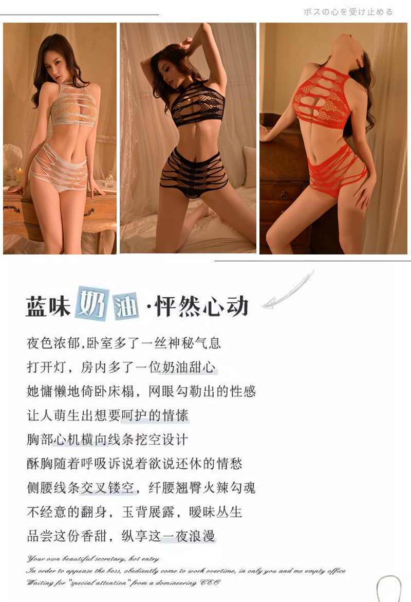 See-Through Mesh Lingerie Set with Open-Back Design and Tearable Split Stockings, Lake Blue One Size — detail image 6