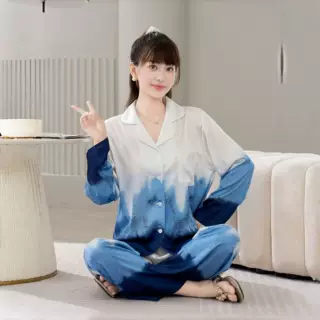 跨境睡衣热销新款扎染夏慵懒家居服亲肤宽松薄款翻领仿真丝两件套