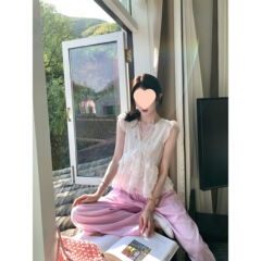 Ouyang V ネックレースアップシフォンノースリーブシャツ女性の夏のデザインセンスニッチフレンチフリルトップ