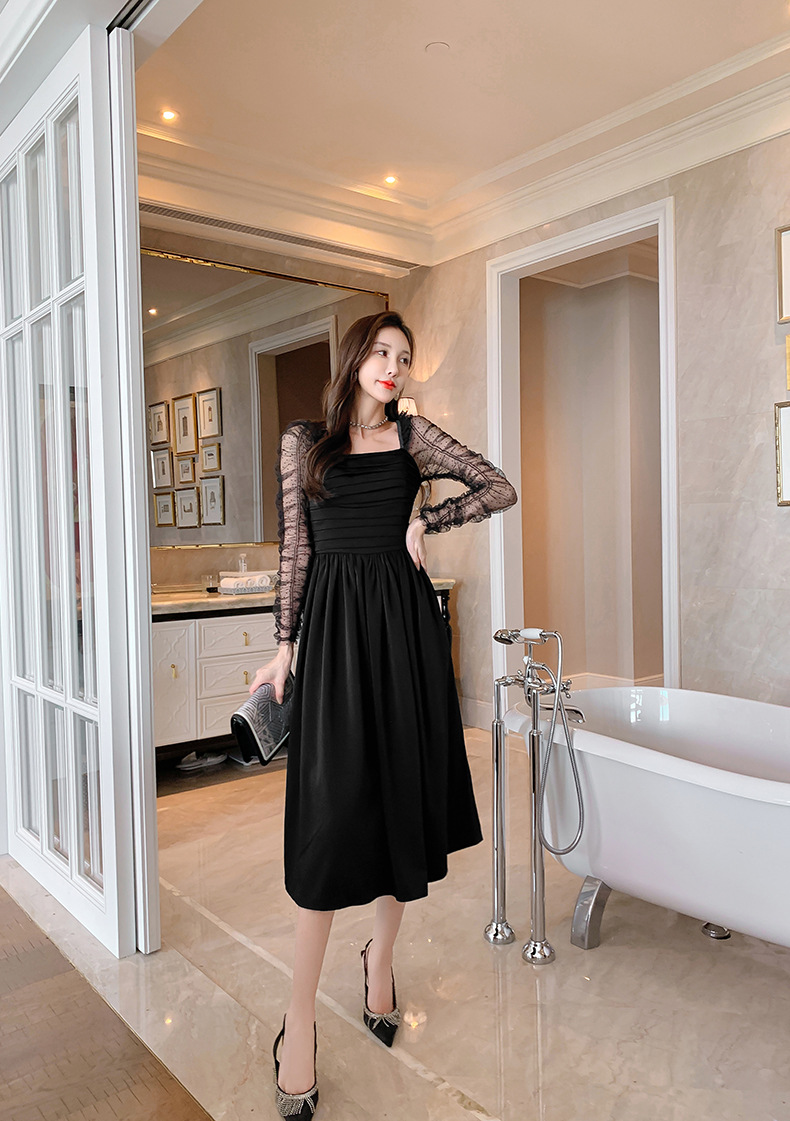 Váy đen ngắn kiểu Hepburn phối lưới tay bồng cổ vuông eo xếp ly — Màu đen chi tiết 25