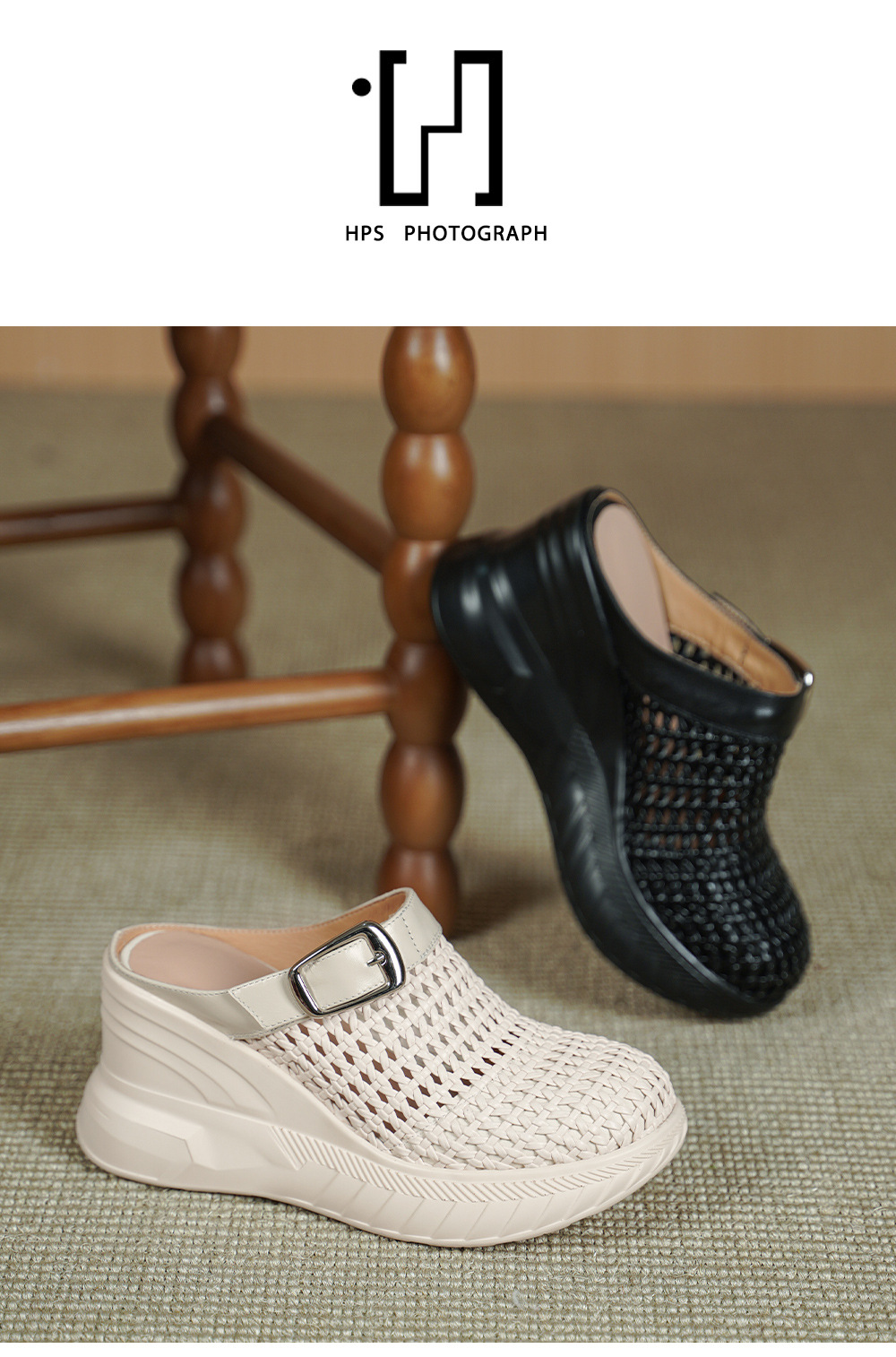 Sandal cao gót nữ mũi hở đế xuồng 8.5cm da thật kiểu La Mã đan lưới — màu đen, màu mơ chi tiết 11