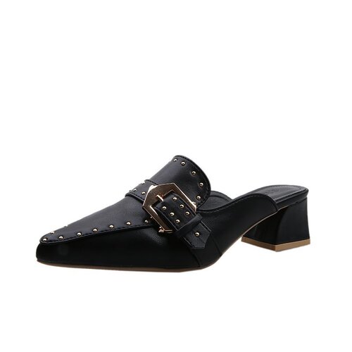 2024 summer new style European and American style rivet belt buckle pointed toe toe half drag thick heel sandals medium heel women's slippers