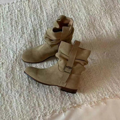 牛皮版~复古褶皱堆堆靴女韩版小众美拉德短靴西部牛仔靴子骑士靴