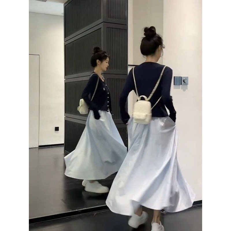 早春两件套装慵懒学院风藏青色麻花针织开衫女搭配浅蓝色连衣裙潮|undefined