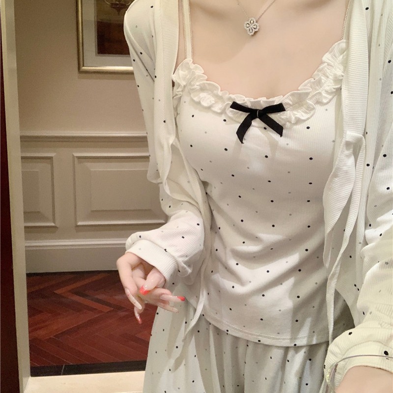 Pure Desire Style Pajamas Women's Spring and Autumn Sling Trousers Coat White Wave Dot ins Style Outgoing Home Clothes with Chest Pad