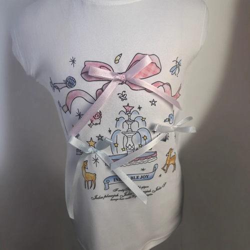2025 Girls' T-Shirt Base Shirt with Bow Sprinkler Fountain Print White Girls' T-Shirt Spring and Autumn Cartoon Top