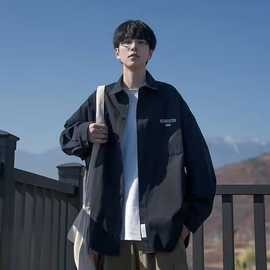 日系复古翻领长袖衬衫春秋男生宽松流行ins百搭简约百搭衬衣外套