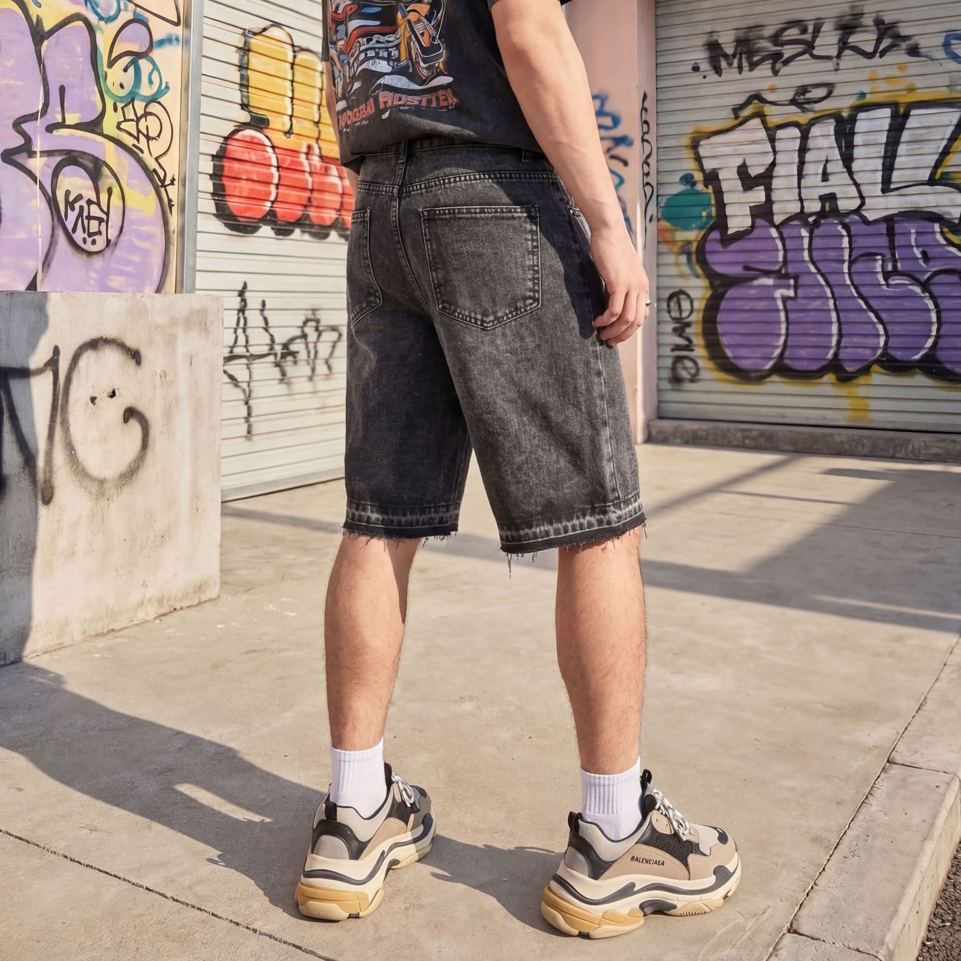 Abbigliamento uomo Pantaloncini in denim da uomo con strass a croce Pantaloncini in denim a gamba dritta alla moda jacquard lavato lunghezza media_voghion.com