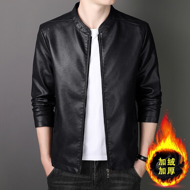 New winter collection: men's fleece-lined, thickened leather jacket with a stand-up collar, casual and stylish, providing warmth, perfect as an autumn outerwear piece