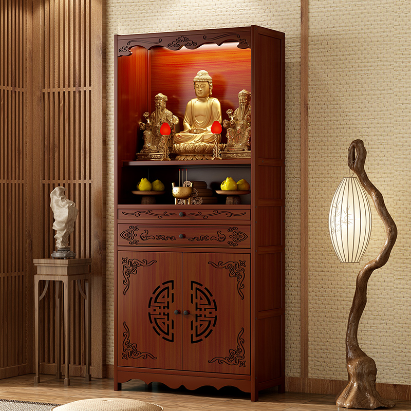 New Chinese-Style Buddhist Altar for Home Use with Doors, Wall-Mounted for Worshiping Guanyin Buddha Statue