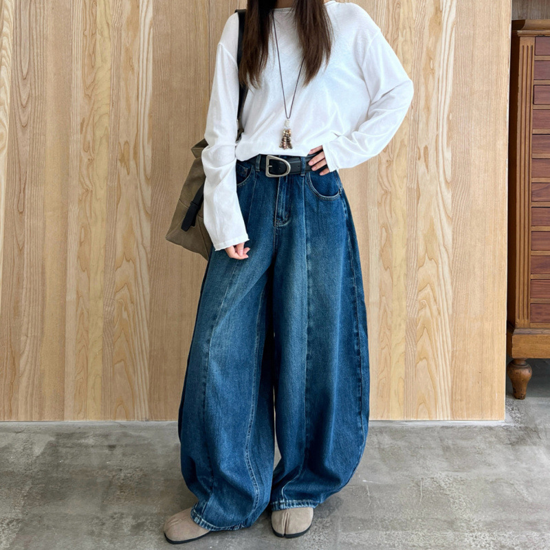 Vintage Dark Blue High-Waisted Wide-Leg Jeans for Women, Autumn Washed Loose Slimming Drape Casual Balloon Floor-Length Pants