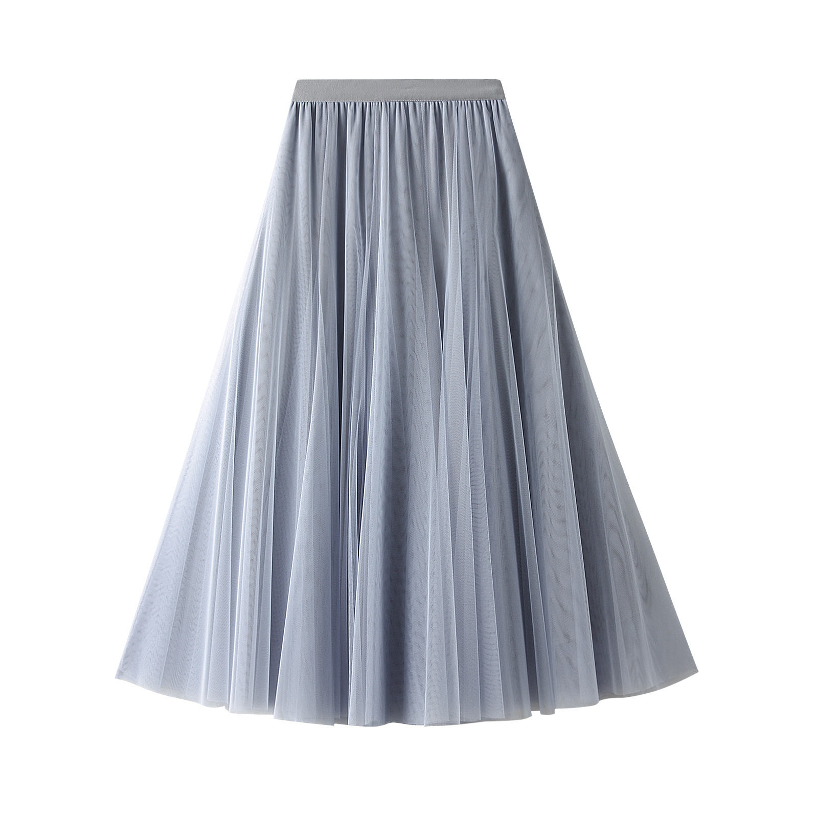 Ein High-Waist-Plisseetüll-Midirock in hellem Grau mit fließendem Design und glattem elastischem Bund.