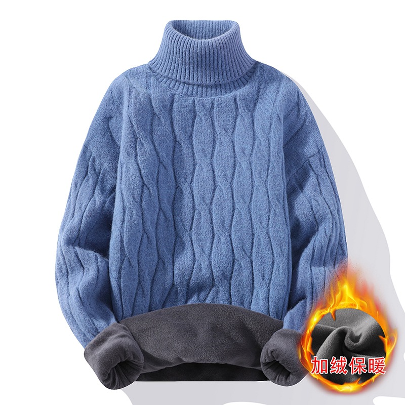 Turtleneck Knitwear Men's Autumn and Winter Korean Style Velvet Thickeneded Pure Color Warm Knitwear Trendy Brand Inner Winter Bottoming Shirt