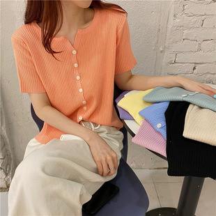 Summer 2025 New Knitwear Women's Korean Style Thin Bottoming Shirt Pure Color Slimming Look Versatile Single-Breasted Short-Sleeved Top