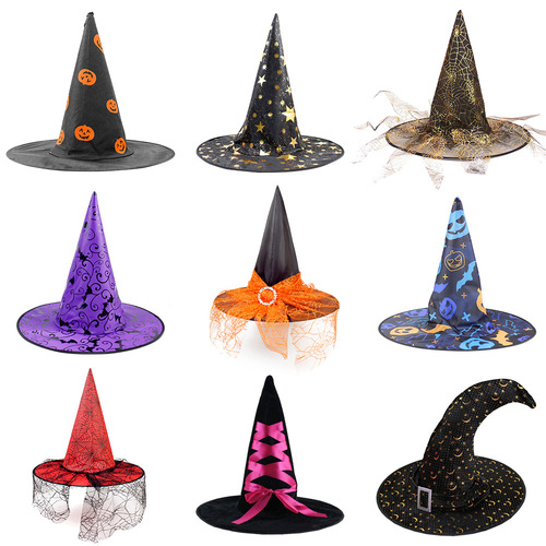 Halloween Hat: Witch Party Decor – Curved Edge Mesh, Pumpkin Print, Magic Wizard Cap with Black Tip