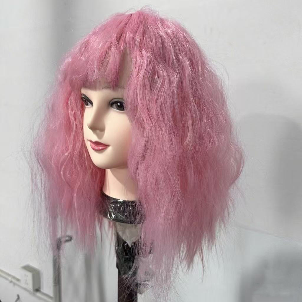 Peruca curta feminina, cobertura total da cabeça, estilo europeu e americano, cacheada, com ondas finas, tranças embutidas e permanente. Disponível em estoque._voghion.com