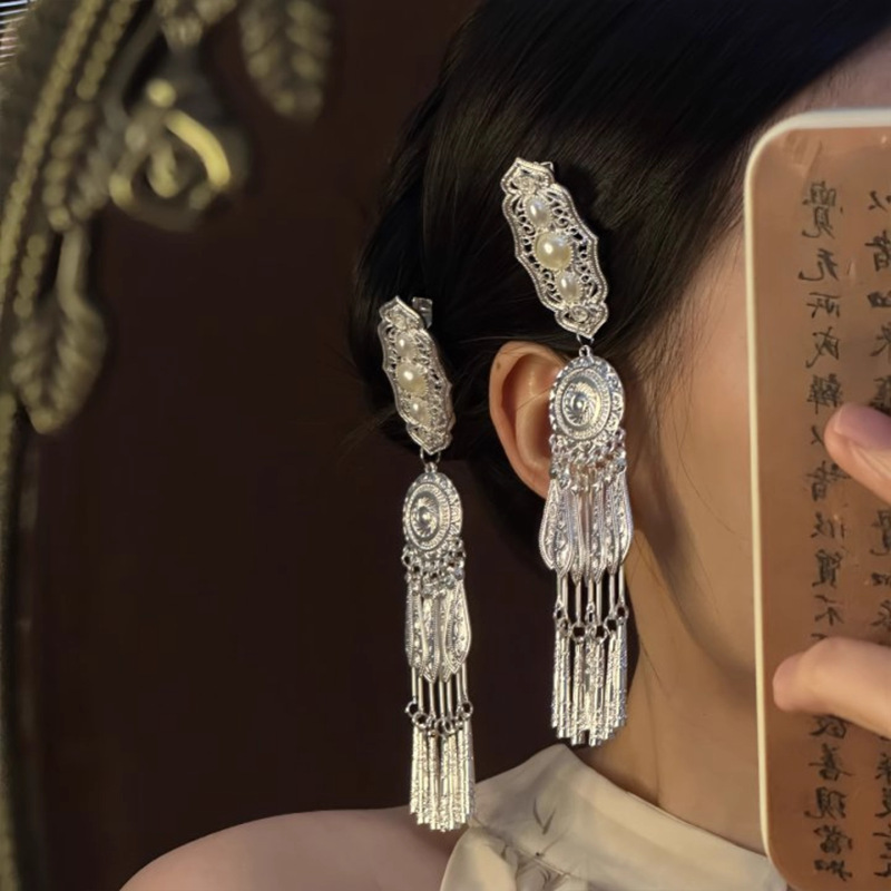 【苗韵银铃】新中式发夹女流苏步摇边夹发卡古风汉服头饰民族发饰|undefined