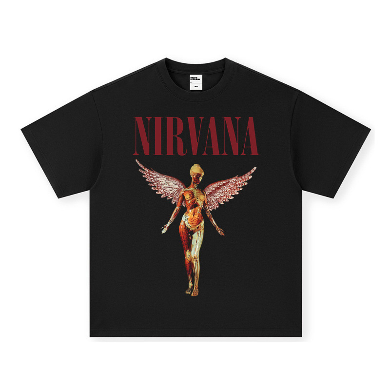 NIRVANA ロックアメリカン 3D デジタルプリントレトロ半袖 T シャツクロスボーダープリントアメリカンファッションヴィンテージ模造綿|undefined