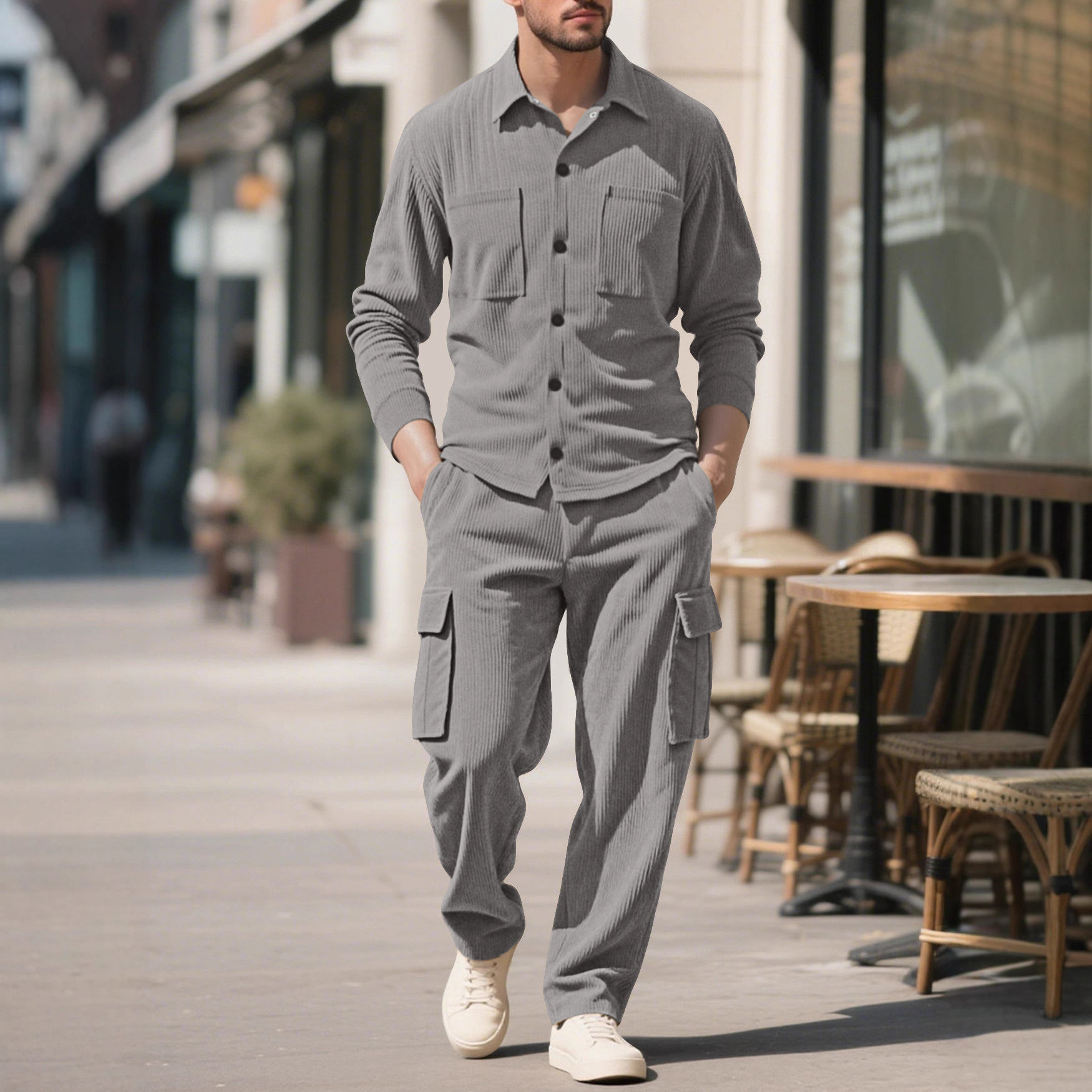 Amazon transfronterizo Europa y Estados Unidos deportes casuales con solapa cardigan manga larga dos piezas hombre suelto conjunto de herramientas de terciopelo