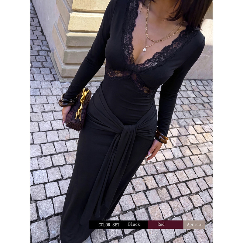 European and American sexy lace deep V dress for women, long-sleeved, see-through, with waist twist tie, slim fit, bodycon long dress