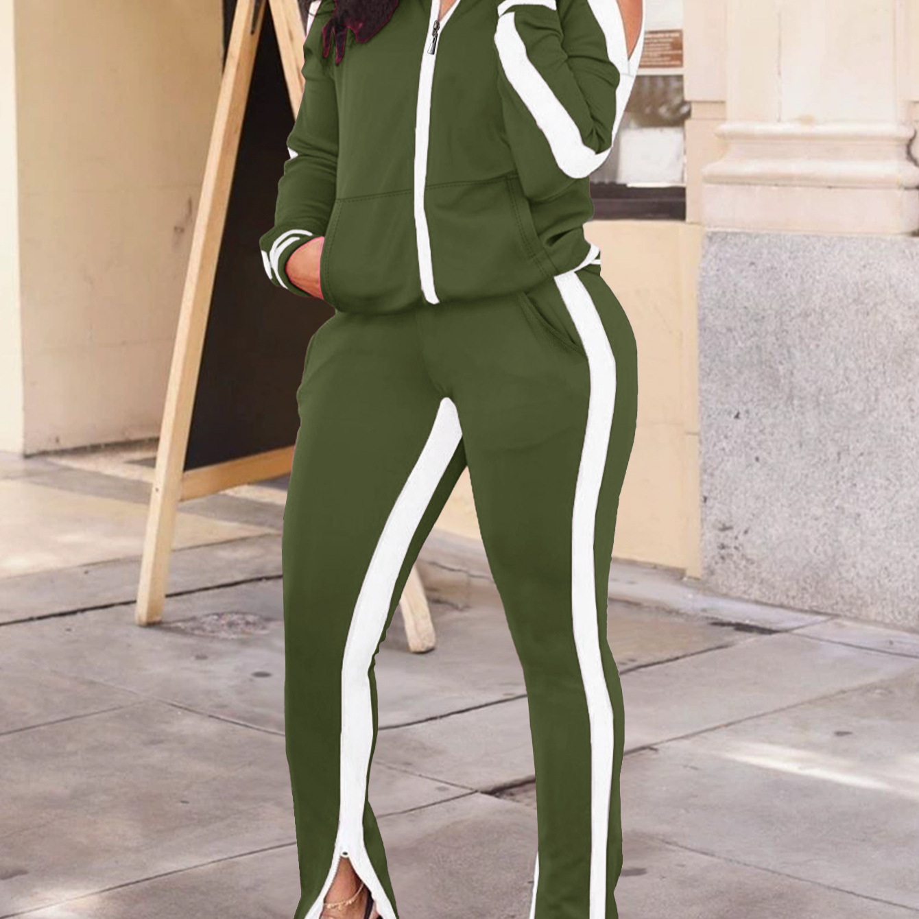 Women's Long Sleeve Round Neck Top With Pants 2-Piece Set Side Striped Casual Outfit Comfortable Daily Wear_ecoleips.com
