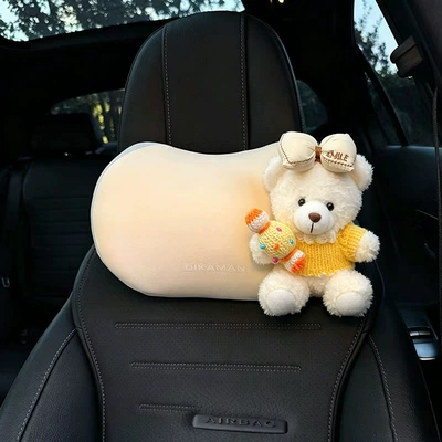 Headrest, Pillow, Cute Car Lumbar Support - s-rice-knotted-yellow-candy-white-edge-yellow-clothes-white-bear-right-rice-neck-pillow