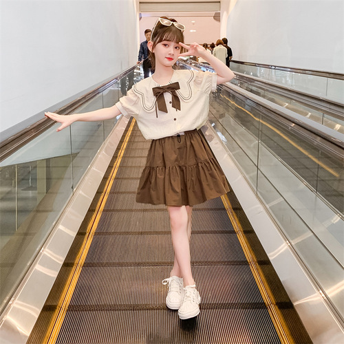 Girls' Summer 2024 Fashion Trendy Short Skirt Set with Two Pieces for Older Children - School Style
