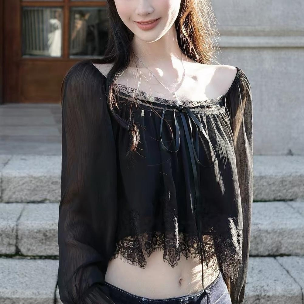 Lace-trimmed square neck flared long-sleeved chiffon blouse for women, autumn style, gentle short babydoll top