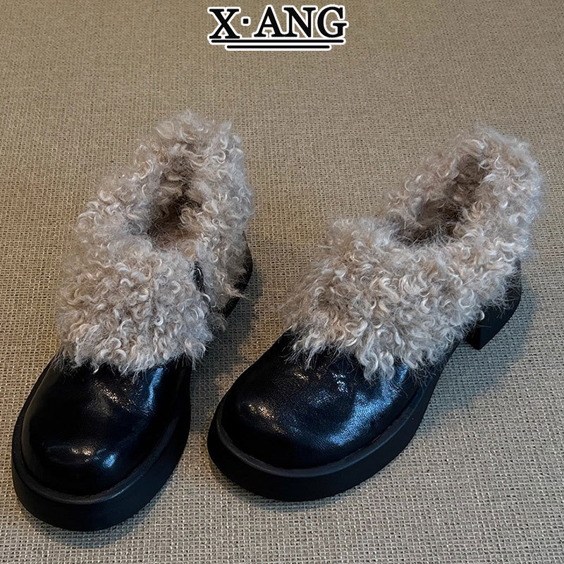 Sheepskin Version of Thick-Heeled Small Leather Shoes for Women in Autumn and Winter Fleece-Lined Warm Woolen Cotton Shoes Thick-Soled Mary Jane Shoes Loafers
