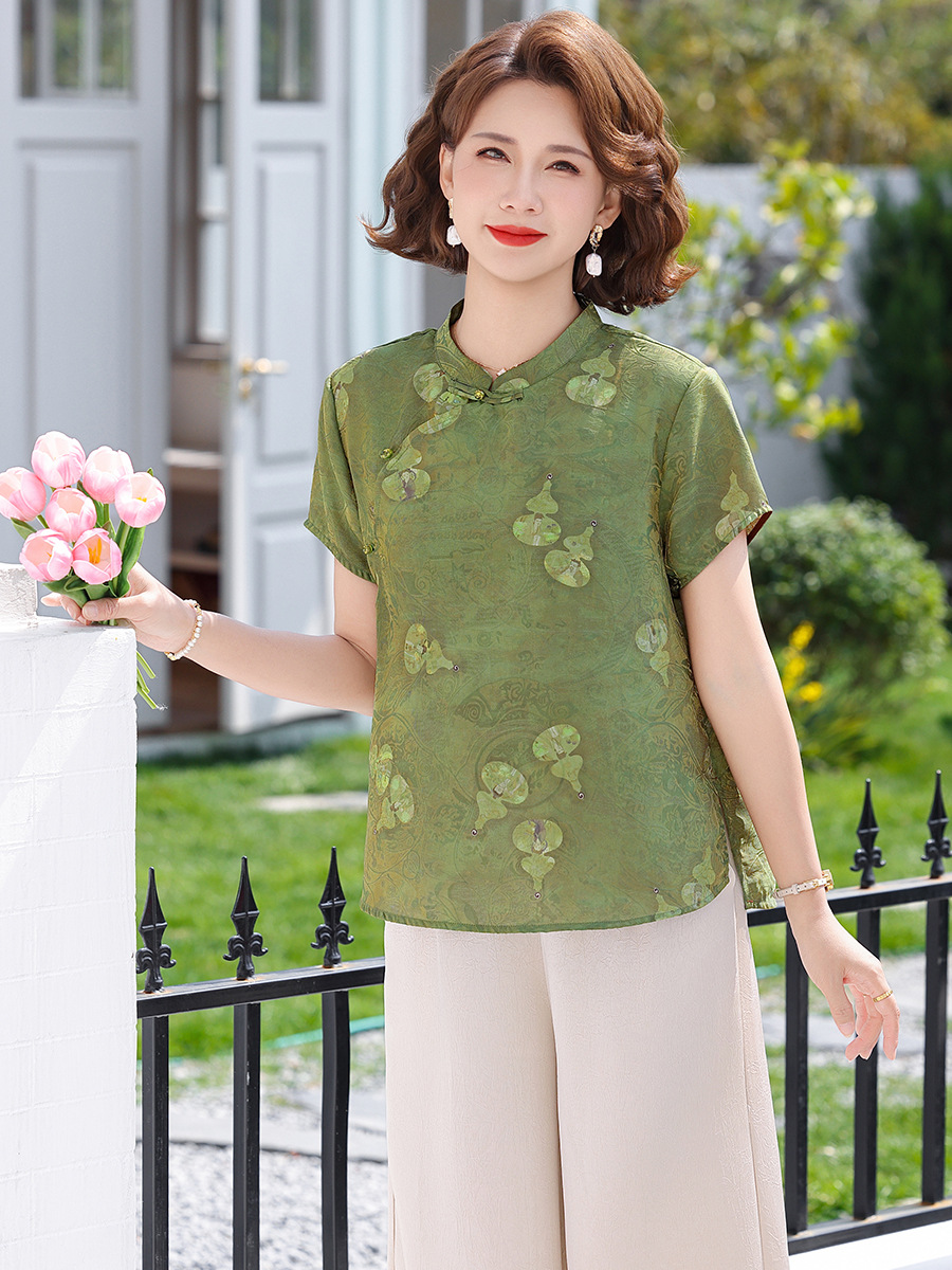New Chinese Style National Style Mom's Summer Fashion Casual Suit for Middle-Aged and Elderly Women, Large Size Women's Clothing, Cheongsam Collar Short-Sleeved Two-Piece Set