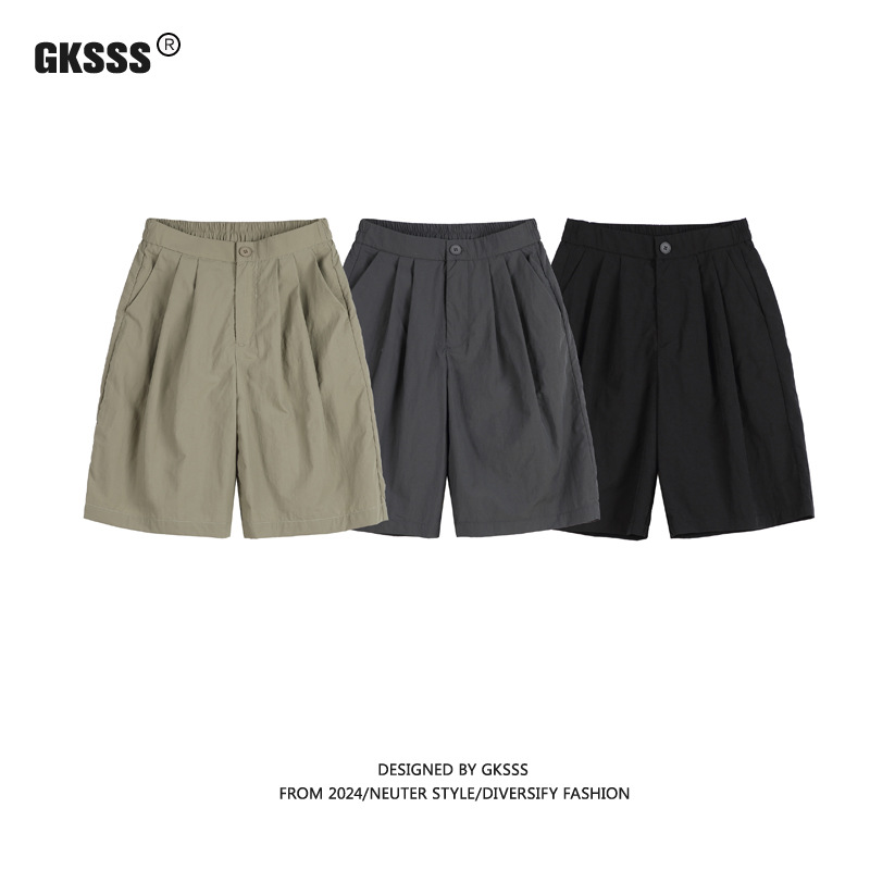 2025 New Summer Men's Solid Color Multi-Pleated Loose Shorts Japanese Trendy Casual Retro Straight Pants