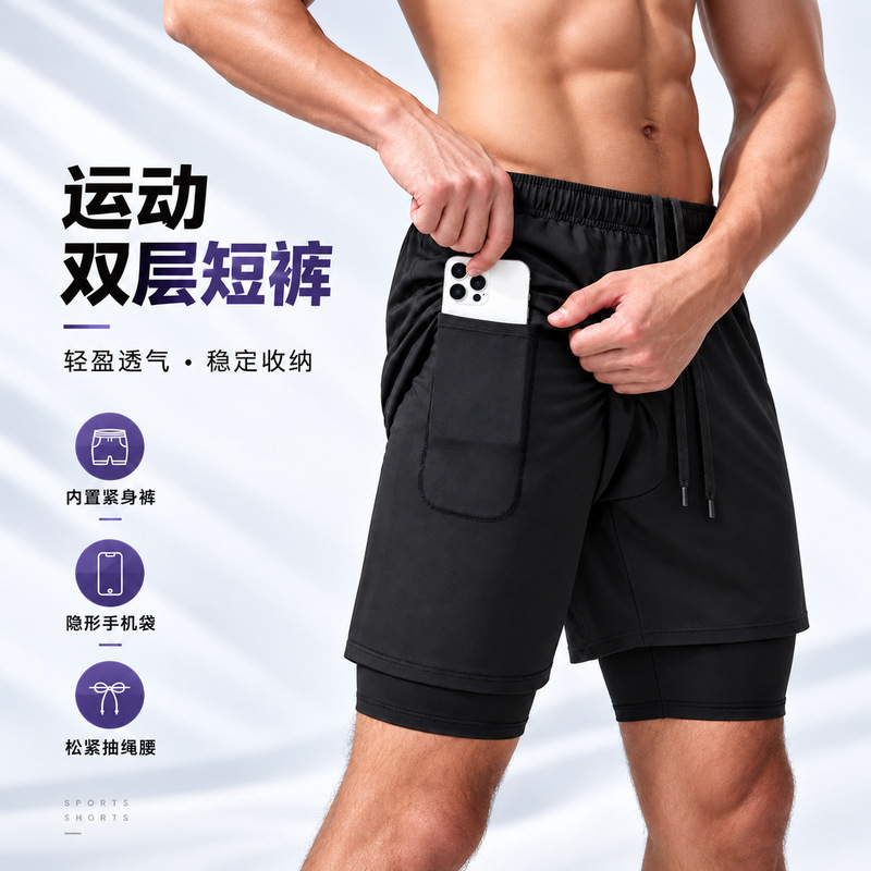 Cross-border men's plus-size athletic shorts, featuring a faux two-piece design, made with stretchy, breathable, and quick-drying fabric, suitable for outdoor training, fitness, and running in summer