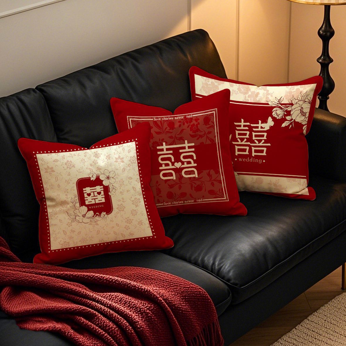 New Wedding Celebration Character Pair Pillow Red Wedding Cushion Living Room Wedding Sofa Cushion Festive Decorative Backrest