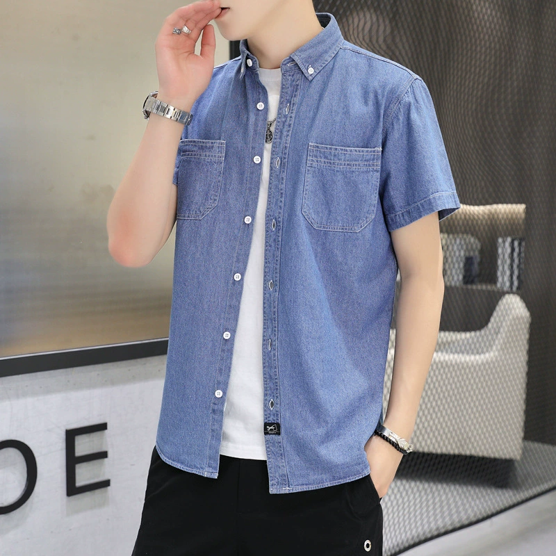 Новая джинсовая рубашка с короткими рукавами, мужская тонкая мужская рубашка с двумя карманами, молодежная тонкая студенческая джинсовая рубашка с половиной рукава