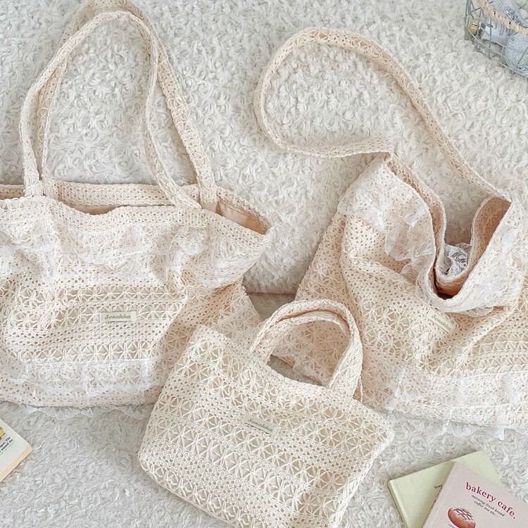 56281 Summer Casual Vacation Shoulder Bag Fairy Lace Canvas Bag Large Capacity Tote Bag Cut Out Beach Bag