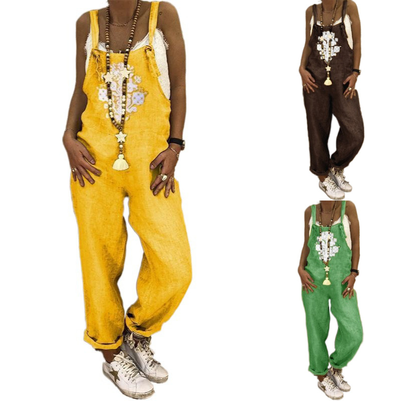 Venta caliente Ebay Amazon deseo mono de las mujeres impresión del comercio exterior gran tamaño algodón Lino pantalones la liga en stock